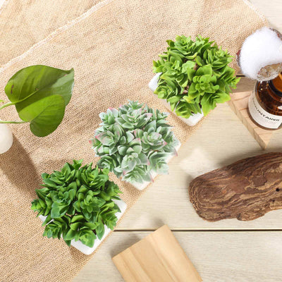 3-Pack Echeveria Artificial Succulents in Ceramic Pot 4" Green - Realistic Maintenance-Free Faux Plants for Bathroom Coffee Table Shelves & Desk