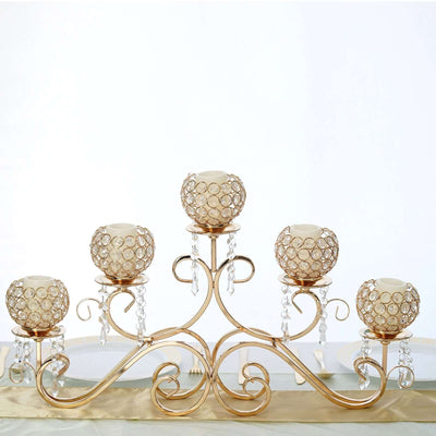 5-Arm Metal Candelabra 27" Horizontal Design with Crystal Goblets Gold - Table Centerpiece for Events
