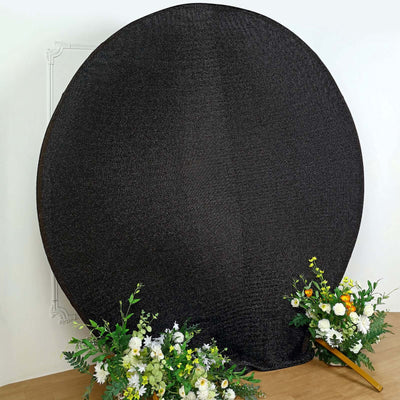 Black Metallic Shimmer Tinsel Spandex Party Photo Backdrop, 2-Sided Round Wedding Arch Cover 7.5ft