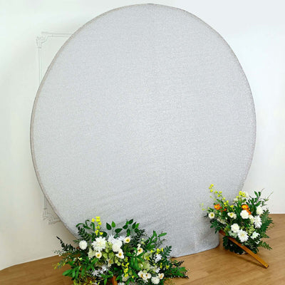 Silver Metallic Shimmer Tinsel Spandex Party Photo Backdrop, 2-Sided Round Wedding Arch Cover 7.5ft