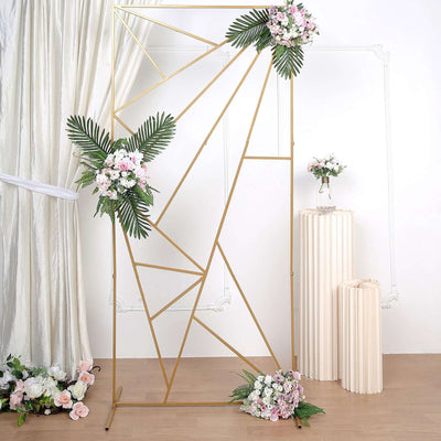 Gold Metal Rectangular Geometric Wedding Backdrop Floor Stand, Flower Frame Prop Stand With Cloudy Film Insert 7ft Tall