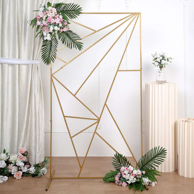 Gold Metal Rectangular Geometric Wedding Backdrop Floor Stand, Flower Frame Prop Stand With Cloudy Film Insert 6ft Tall