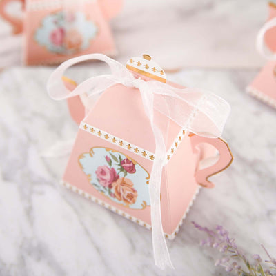 25 Pack Dusty Rose Mini Teapot Gift Boxes with Ribbon, Vintage Rose Favor Boxes - 4"