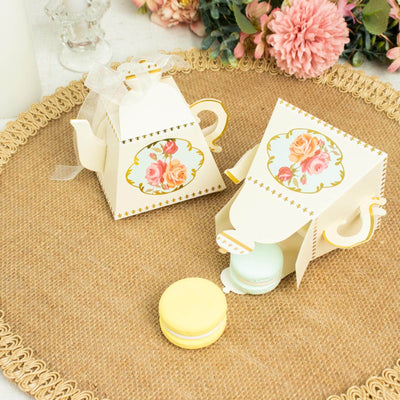 25 Pack Ivory Mini Teapot Gift Boxes with Ribbon, Vintage Rose Favor Boxes - 4"