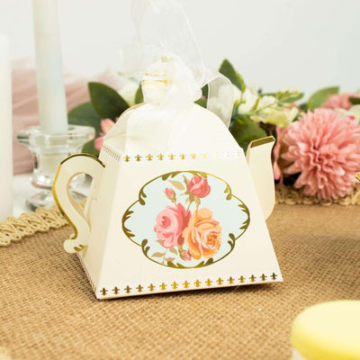 25 Pack Ivory Mini Teapot Gift Boxes with Ribbon, Vintage Rose Favor Boxes - 4"