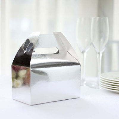 25 Pack Metallic Silver Party Favor Gift Tote Gable Box Bags, Candy Treat Boxes 6"x3.5"x7"