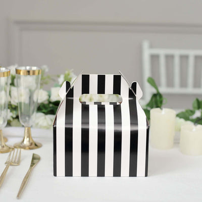 25 Pack White / Black Striped Party Favor Gift Tote Gable Box Bags, Candy Treat Boxes 6"x3.5"x7"