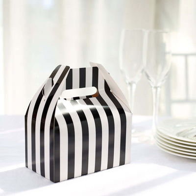 25 Pack White / Black Striped Party Favor Gift Tote Gable Box Bags, Candy Treat Boxes 6"x3.5"x7"
