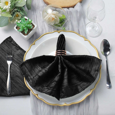5 Pack Taffeta Napkins 20"x20" Black - Accordion Crinkle Cloth Napkins