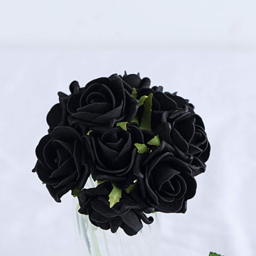 24 Roses Black Artificial Foam Flowers With Stem Wire and Leaves 2"