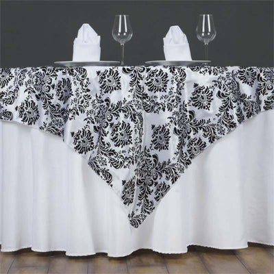 Flocking Square Table Overlay 60"x60" Black Damask Design - Sophisticated Decor for Banquets and Receptions