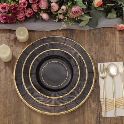 25-Pack Paper Round Dessert Plates 8" Black Sunray Design with Gold Rim - 350GSM Heavy Duty Disposable Appetizer Salad Plates