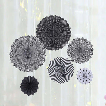 Set of 6 Black / White Hanging Paper Fan Decorations, Pinwheel Wall Backdrop Party Kit 8", 12", 16"