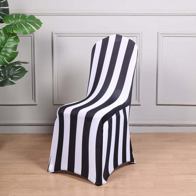 Spandex Stretch Fitted Banquet Chair Cover 160GSM Black/White 2" Stripes with Foot Pockets - Stylish Modern Slipcover for Events