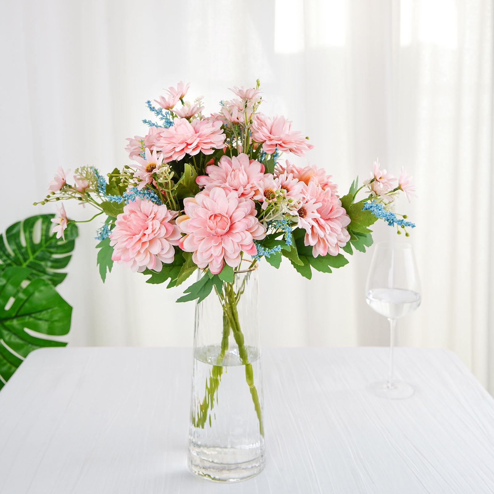  Fake Flowers with Vase, Blue Dahlia Artificial Flowers