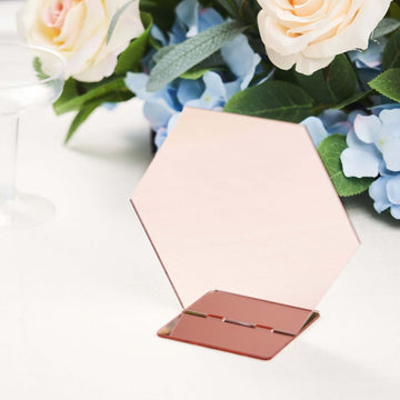 5 Pack Rose Gold Acrylic Hexagon Wedding Table Sign Holders, Number Stands 5"