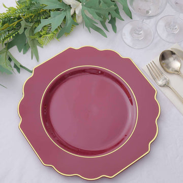 10 Pack Burgundy Hard Plastic Baroque Dinner Plates with Gold Rim, Heavy Duty Disposable Dinnerware 11"