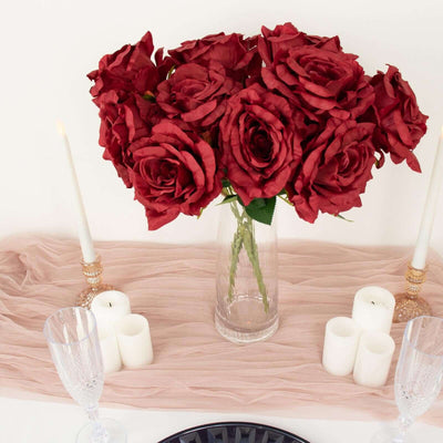 2 Bushes Burgundy Premium Silk Jumbo Rose Flower Bouquet, High Quality Artificial Wedding Floral Arrangements 17"