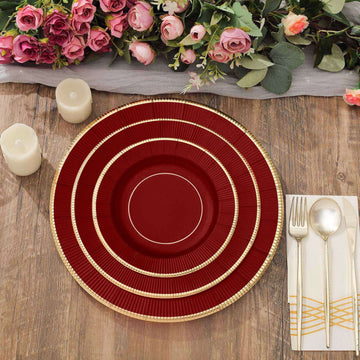 25 Pack Burgundy Sunray Gold Rimmed Dessert Appetizer Paper Plates, Disposable Party Plates 350 GSM 8"