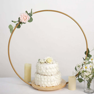 Metal Round Floral Hoop Cake Stand 33" Gold - Modern Geometric Dessert Display Centerpiece Stand With Wooden Base for Glamorous Events & Celebrations
