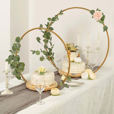 Metal Round Floral Hoop Cake Stand 33" Gold - Modern Geometric Dessert Display Centerpiece Stand With Wooden Base for Glamorous Events & Celebrations