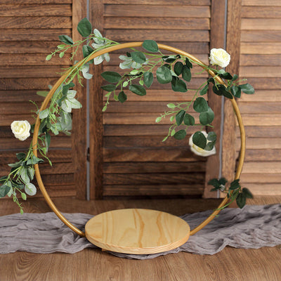 Metal Round Floral Hoop Cake Stand 20" Gold - Modern Geometric Dessert Display Centerpiece Stand With Wooden Base for Glamorous Events & Celebrations