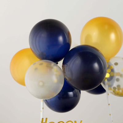 11 Pcs Confetti Balloon Cake Topper Kit Clear, Gold and Navy Blue - Vibrant Clustered Mini Garland Cake Inserts for DIY Party Decorations