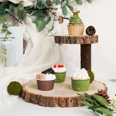 2-Tier Wooden Cheese Board Stand 8" Elm Wood Slice Design Natural - Rustic Cupcake Centerpiece