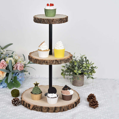 3-Tier Wooden Cheese Board Stand 19" Tower Design Natural Wood Slice - Rustic Cupcake Centerpiece with Assembly Tools