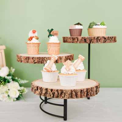3-Tier Wooden Cheese Board Stand 12" Tall Half Moon Wood Slice Design - Rustic Cupcake Centerpiece