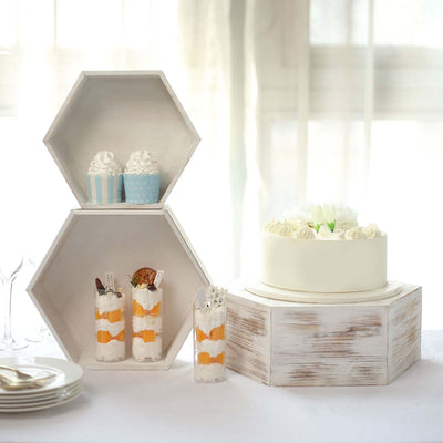 Set of 3 Wooden Dessert Display Boxes 9", 11", 13" Whitewashed Hexagonal Design - Stackable Riser Cake Stand