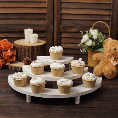Set of 3 Wooden Dessert Pedestals 7", 13", 18" Rustic Whitewashed 3-Tier Semicircle Design - Half Moon Cupcake Display Risers