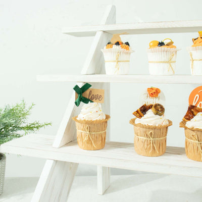 4-Tier Wooden Ladder Shelf 21" Whitewashed Rustic Design - Cascading Stair Step Dessert Display Cupcake Holder