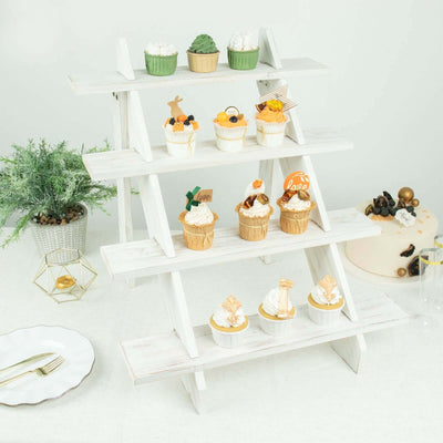 4-Tier Wooden Ladder Shelf 21" Whitewashed Rustic Design - Cascading Stair Step Dessert Display Cupcake Holder