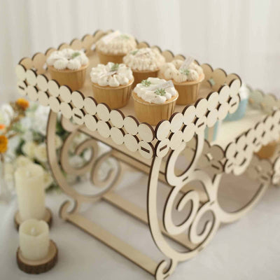 3-Tier Wooden Dessert Display 22" Rectangular Laser Cutout Design Natural - Serving Platter Cupcake Mini Cake Tray
