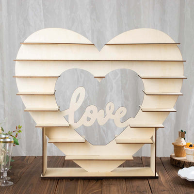 8-Layer Wooden Dessert Display Stand 26" Heart Shaped Double Sided Design Natural - "Love" Cupcake Shelf Table Rack