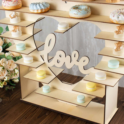 8-Layer Wooden Dessert Display Stand 26" Heart Shaped Double Sided Design Natural - "Love" Cupcake Shelf Table Rack