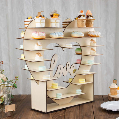 8-Layer Wooden Dessert Display Stand 26" Heart Shaped Double Sided Design Natural - "Love" Cupcake Shelf Table Rack