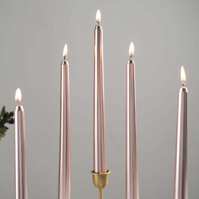 12-Pack Taper Candles 10" Premium Wax Design Metallic Rose Gold - Unscented Candles