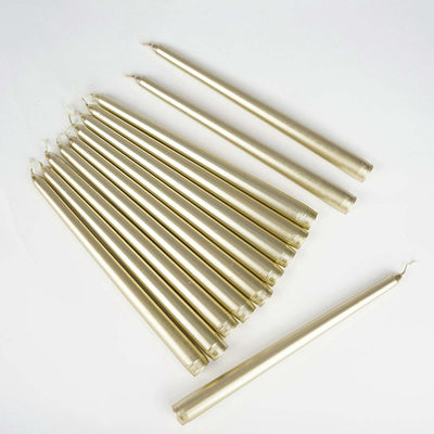 12-Pack Taper Candles 10" Premium Wax Design Metallic Gold - Unscented Candles for Stylish Settings