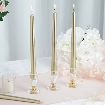 12-Pack Taper Candles 10" Premium Wax Design Metallic Gold - Unscented Candles for Stylish Settings