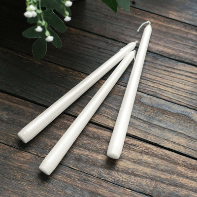 12-Pack Taper Candles 10" Premium Wax Design Metallic Pearl White - Unscented Candles
