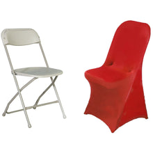 a red spandex fitted slip on chair cover on a white folding chair