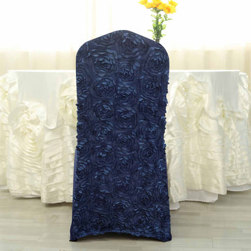 Add Elegance to Your Event with Navy Blue Satin Rosette Spandex Stretch Banquet Chair Cover