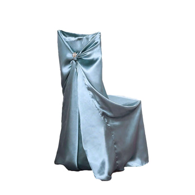 Satin Self-Tie Universal Chair Cover Dusty Blue - Reusable Slip-On Slipcover for Folding, Dining, Banquet & Standard Size Chairs