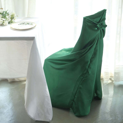 Satin Self-Tie Universal Chair Cover Hunter Emerald Green - Reusable Slip-On Slipcover for Folding, Dining, Banquet & Standard Size Chairs