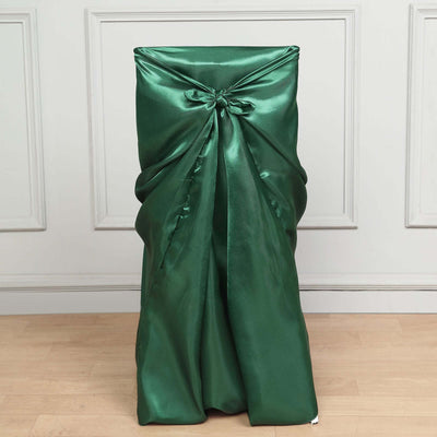 Satin Self-Tie Universal Chair Cover Hunter Emerald Green - Reusable Slip-On Slipcover for Folding, Dining, Banquet & Standard Size Chairs