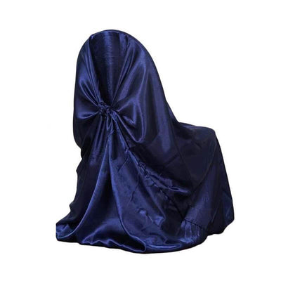 Satin Self-Tie Universal Chair Cover Navy Blue - Reusable Slip-On Slipcover for Folding, Dining, Banquet & Standard Size Chairs