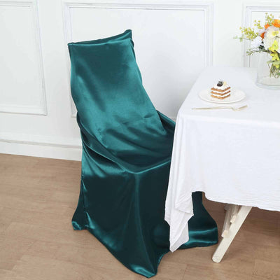 Satin Self-Tie Universal Chair Cover Peacock Teal - Reusable Slip-On Slipcover for Folding, Dining, Banquet & Standard Size Chairs