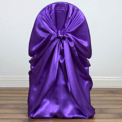 Satin Self-Tie Universal Chair Cover Purple - Reusable Slip-On Slipcover for Folding, Dining, Banquet & Standard Size Chairs
